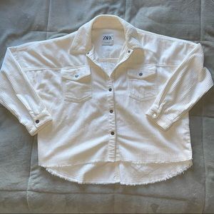 ZARA Corduroy Overshirt White/Cream Frayed Bottom